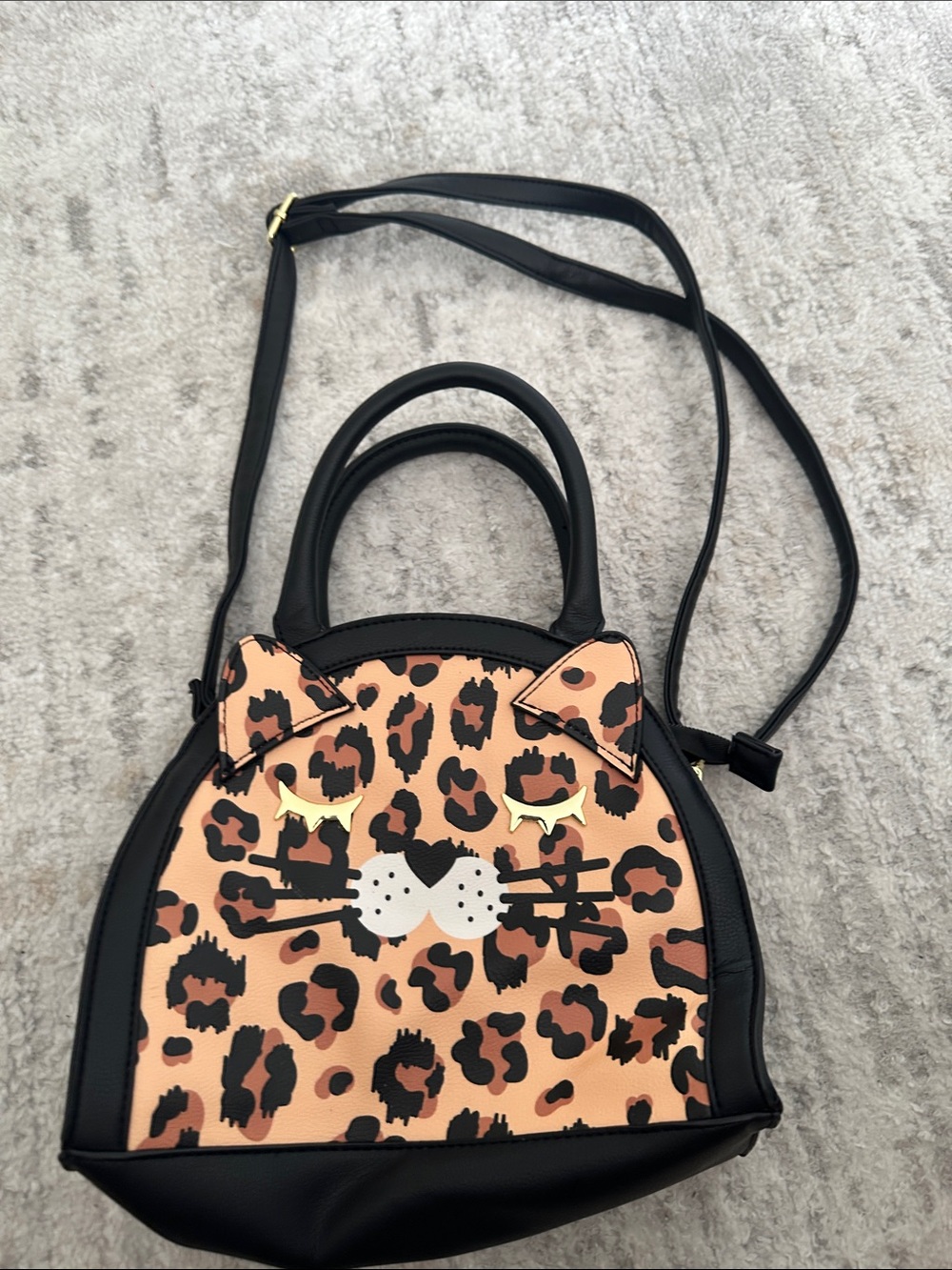 Luv Betsey Leopard Cat Face Crossbody Bag - Black and Tan